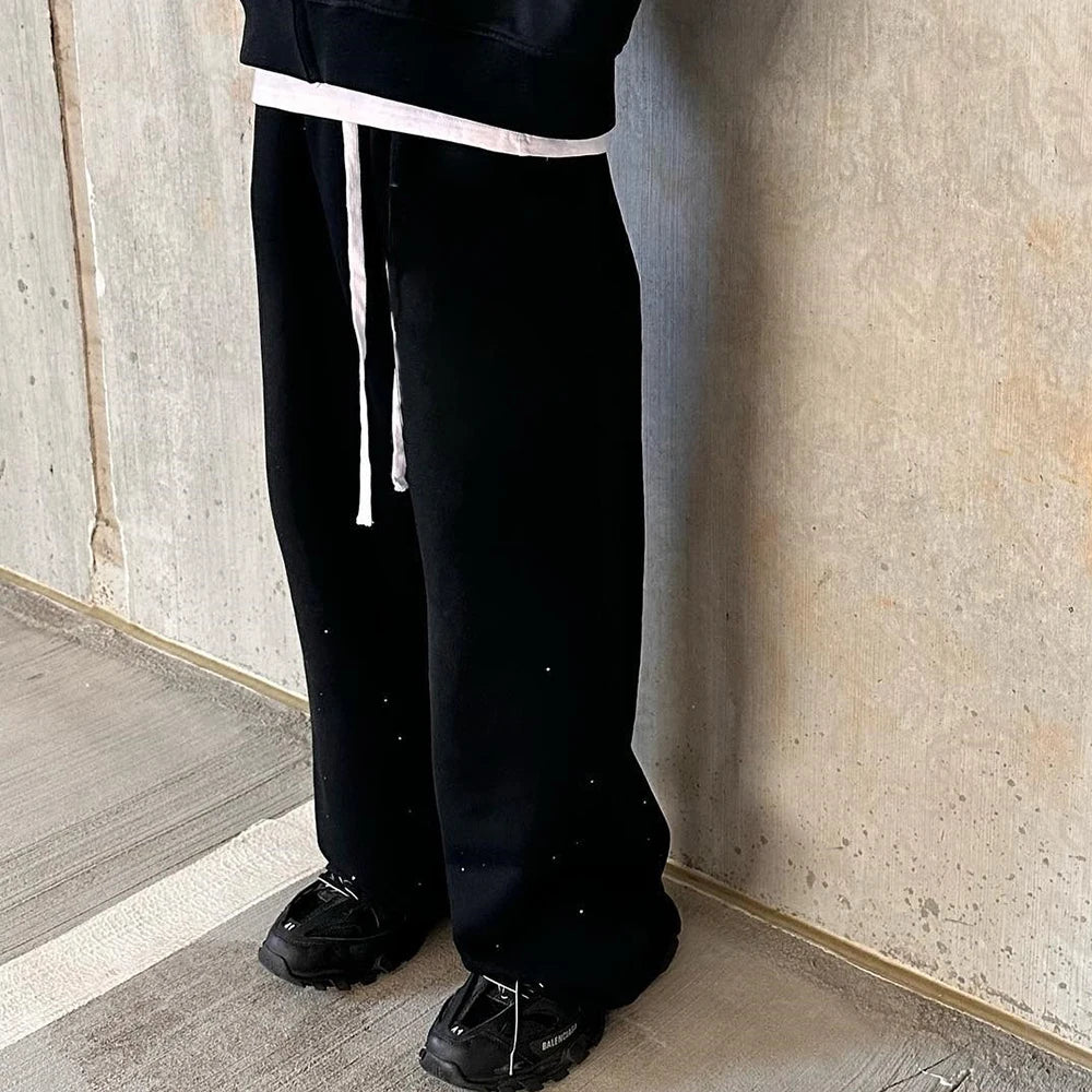 Distressed Vintage Washed Track Jogger Pants Custom Rhinestone Men Heavyweight Cotton Wide Leg Sweatpants