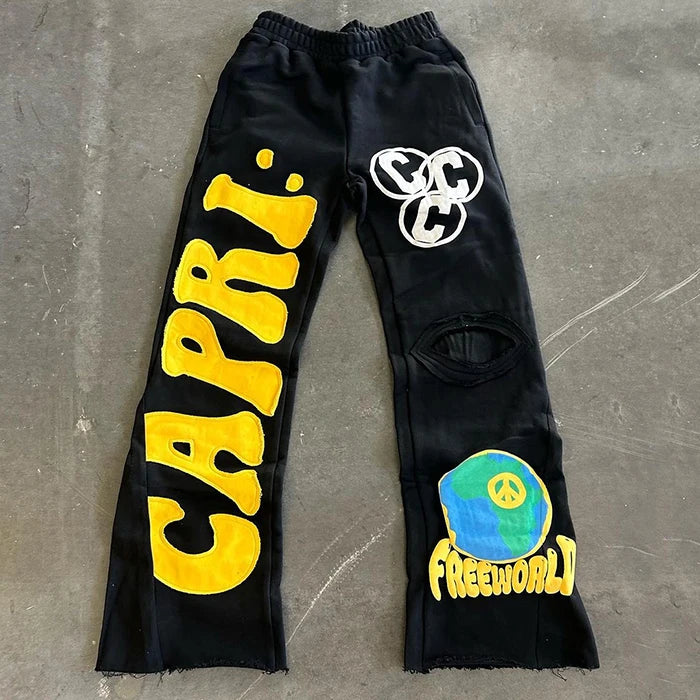 oem hevayweight 100% cotton flared sweatpants men custom embroidered applique patched open bottom wide leg sweatpants
