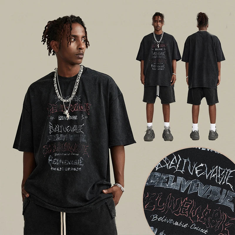 Manufacturer Spring And Summer Wash Printed Loose Short Sleeve T-shirt Streetwear Fashion Men T-shirt