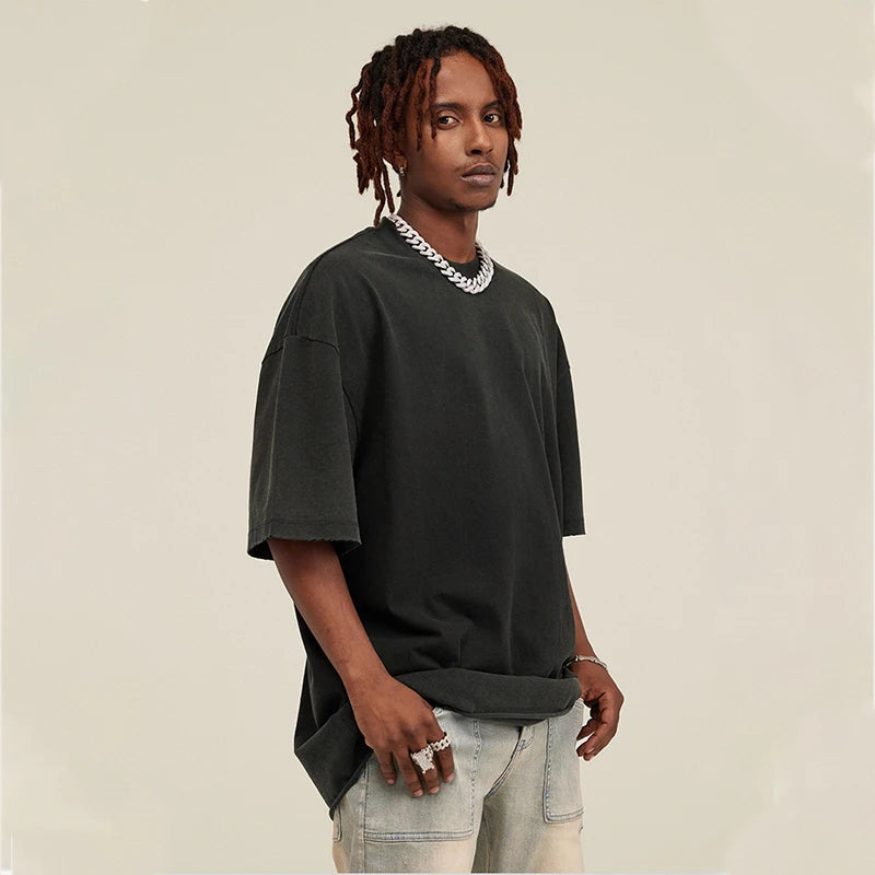 Manufacturer Summer 285G 100% Cotton Acid Washed Gradually Oversized Edge Short Sleeve Vintage T-shirt for Men