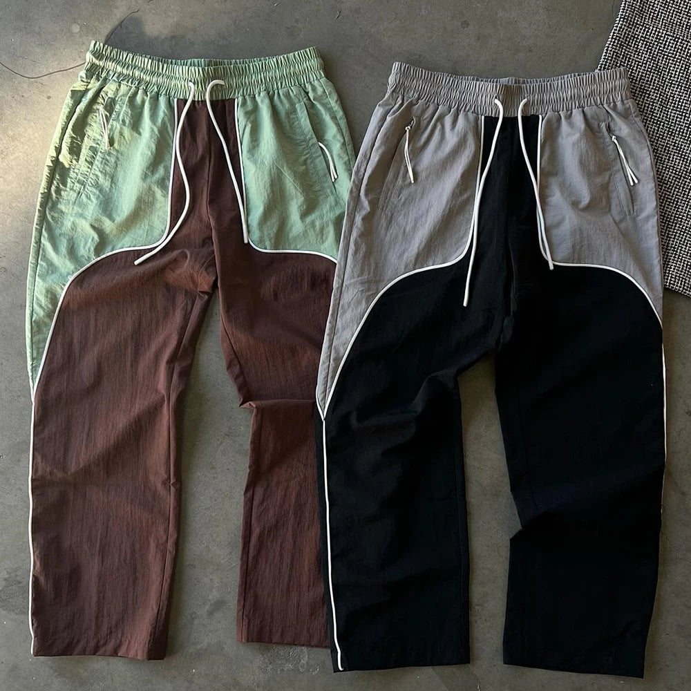 Color Block Streetwear Track Pants Men Custom Elastic Drawstring Waist Nylon Track Pants