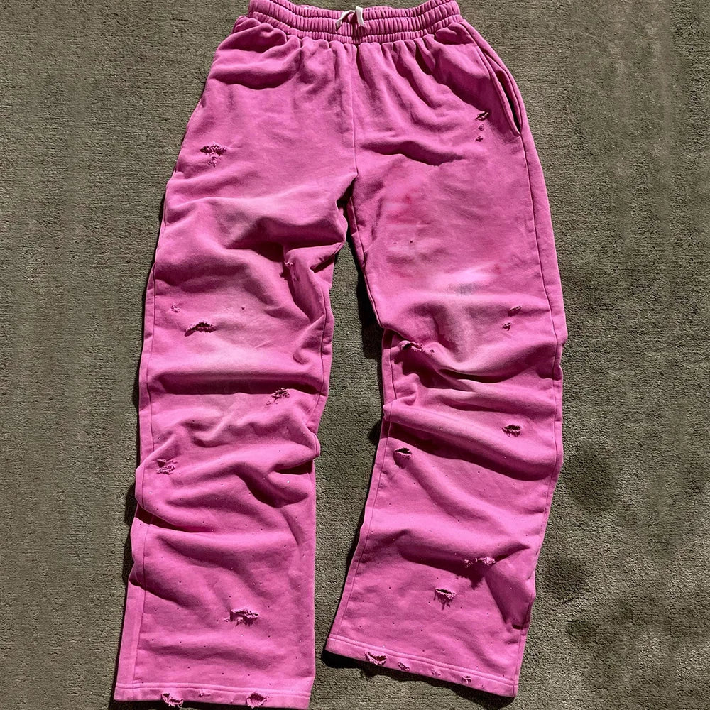 Distressed Vintage Washed Track Jogger Pants Custom Rhinestone Men Heavyweight Cotton Wide Leg Sweatpants