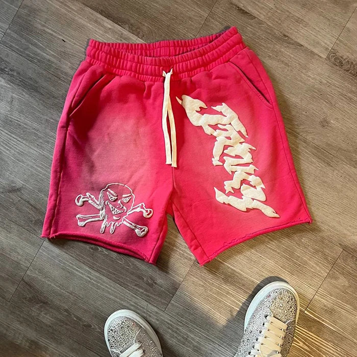 Maßgeschneiderte schwere Baumwollhose mit rohem Saum, zerrissenem Fleece, Streetwear-Shorts, Sport-Cargo-Jogginghose mit Kordelzug, Acid-Wash-Shorts