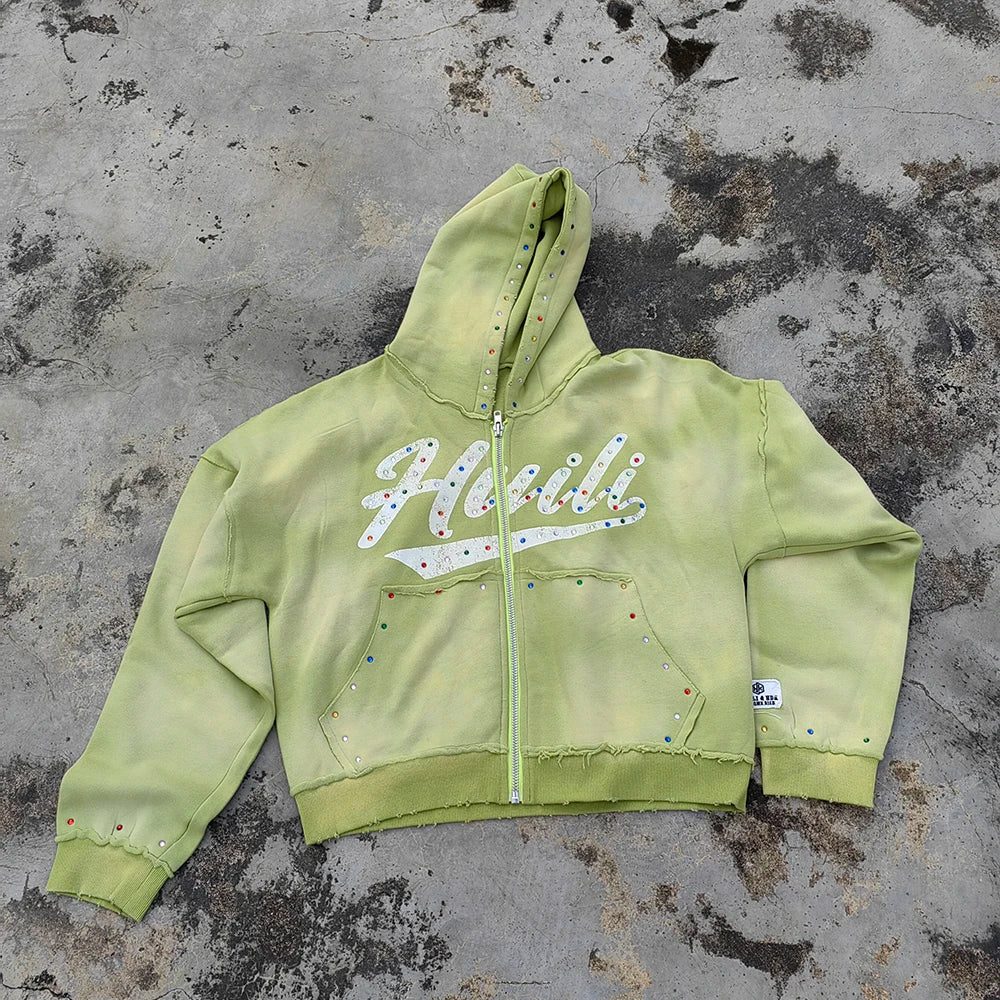 Benutzerdefinierter schwerer Baumwoll-Streetwear-Unisex-Reißverschluss-Siebdruck-Logo-Herren-Sonnenverblasster gewaschener Strass-Hoodie