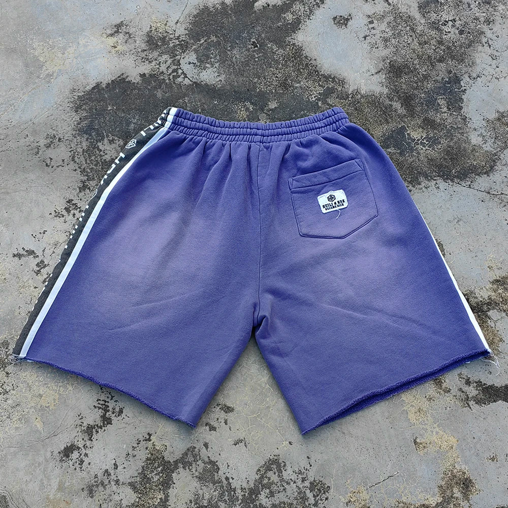 Heavyweight Cotton Side Logo Printed Shorts Custom Sunfaded Washed Men Oversized Raw Hem Bottom Rhinestone Sweat Shorts