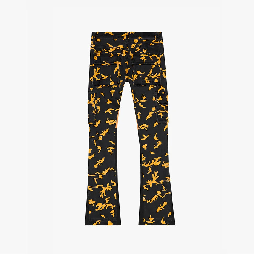 Black multi-pocket stacked jeans have eye-catching yellow print all-over printed skinny Cargo Pants Jeans