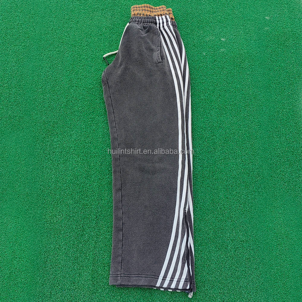Oem Acid Vintage Washed 100% Cotton Sweatpants Striped Side Men Custom Zipper Bottom Wide Leg Double Waisted Sweatpants