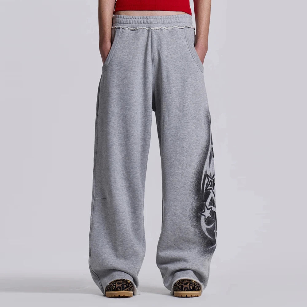 high street oversized unisex heavyweight sweat pants elastic waist solid color men baggy wide leg raw hem sweatpants