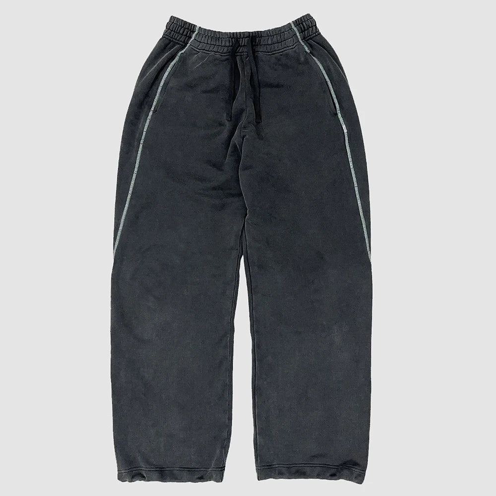 Heavyweight Cotton Jogger Pants Custom Contrast Stitching Men Adjustable Bottom Wide Leg Vintage Washed Sweatpants