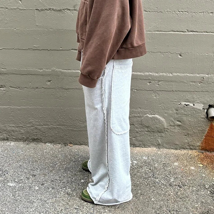 Oversized Unisex Big Pockets Streetwear Wide Leg Sweatpants Custom Raw Trims Cut Edge Men Elastic Waist Baggy Sweatpants
