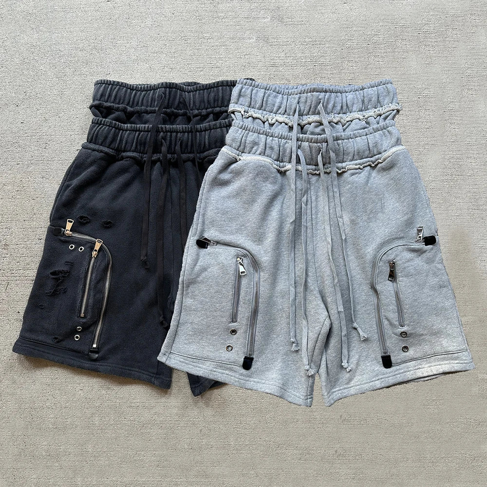 High Street Thick Cotton Sweat Shorts Men Custom Cargo Pockets Double Waist Streetwear Cargo Sweat Shorts