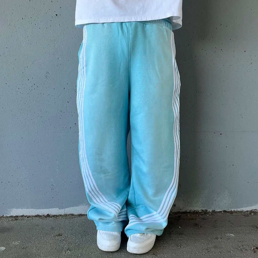 Customized Vintage Washed Heavyweight Cotton Jogger Track Pants Men Sun Faded Wide Leg Striped Sweatpants