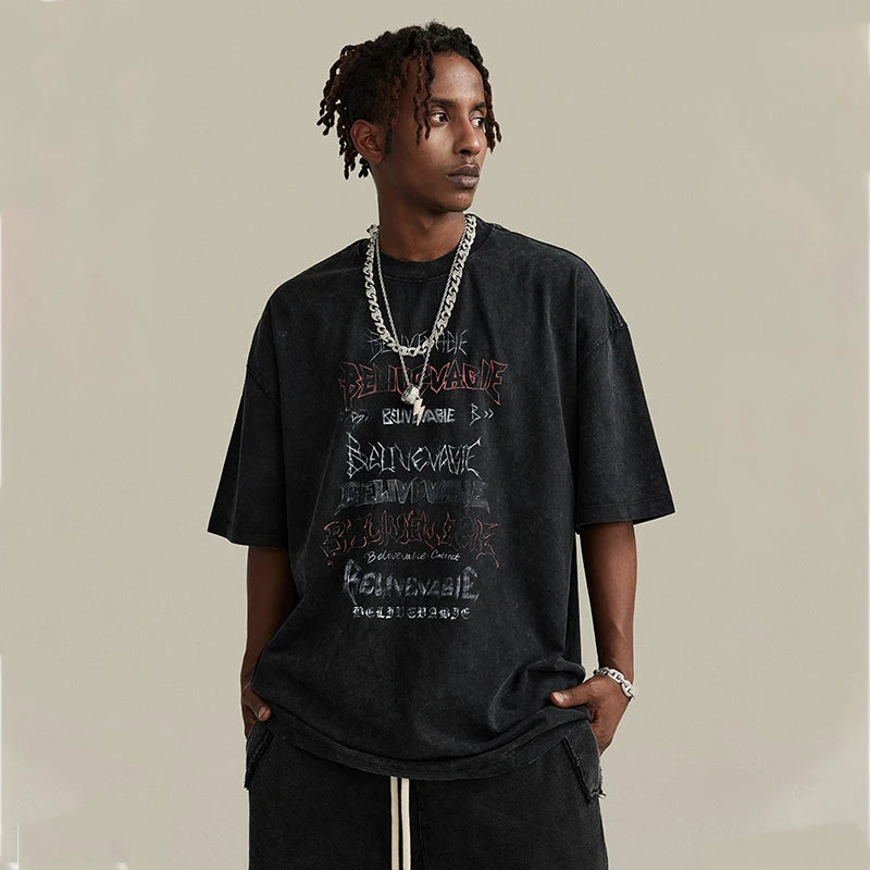 Manufacturer Spring And Summer Wash Printed Loose Short Sleeve T-shirt Streetwear Fashion Men T-shirt