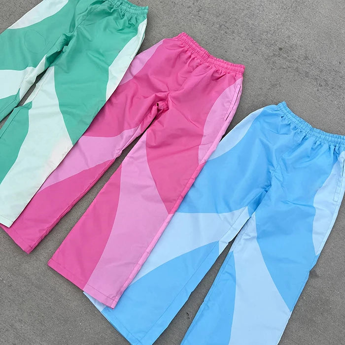 Oem Unisex Oversized Fit Elastic Waist Nylon Pants Trousers Custom Color Block Design Men Straight Wide Leg Track Pants