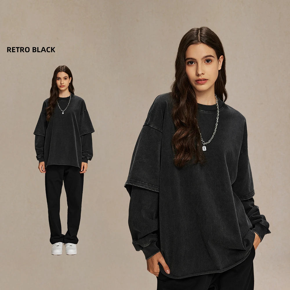 Oem Unisex Vintage Washed Thick Cotton Blank Tshirts Custom Oversized Fit Men Raw Hem Double Layer Long Sleeve T Shirt
