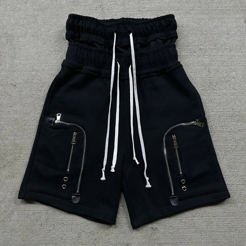 High Street Thick Cotton Sweat Shorts Men Custom Cargo Pockets Double Waist Streetwear Cargo Sweat Shorts