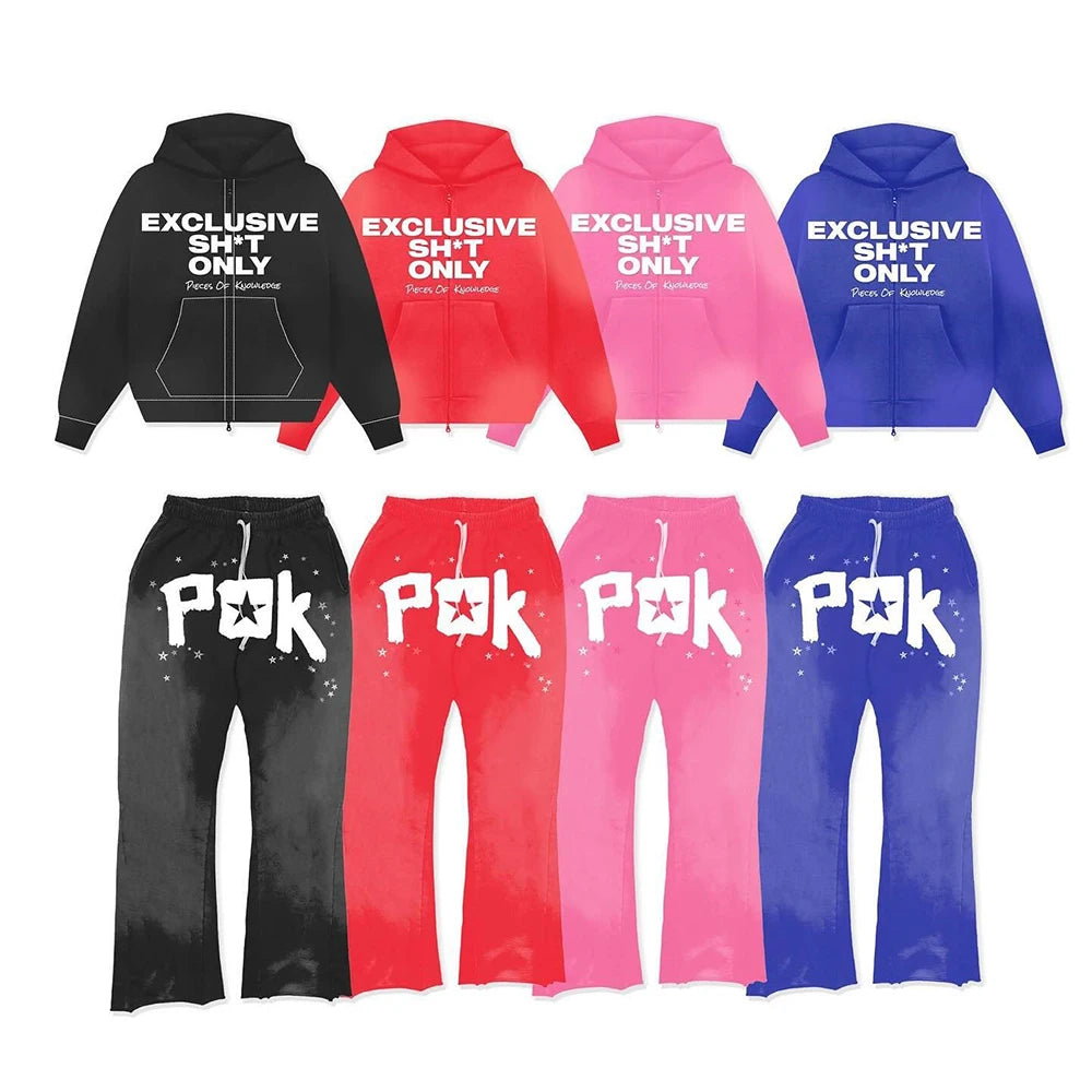 Oem Wholesale Unisex Tracksuit Streetwear Vintage Washed Two Piece Zip Up Sweatshirt Hoodie Flared Sweatpants Set