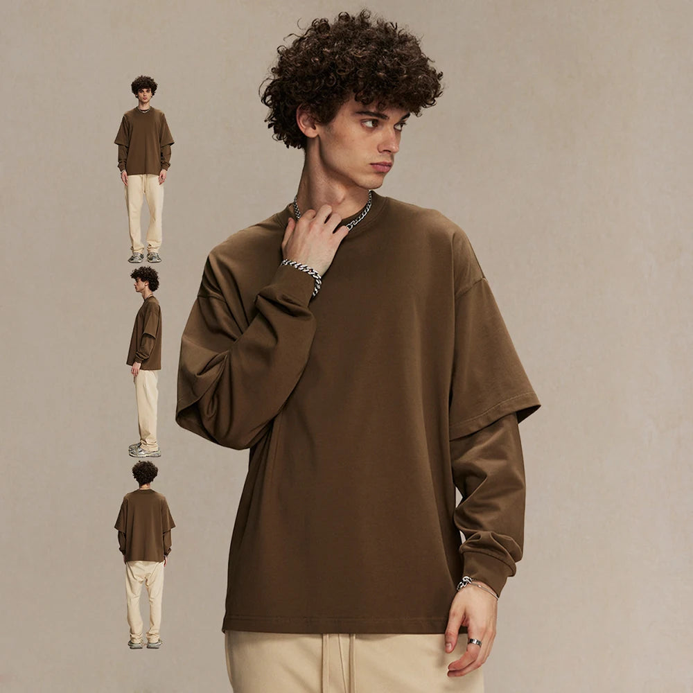 Oem Unisex Loose Fit Oversized Solic Color Basic Tshirts 305Gsm Heavyweight Cotton Men Double Layer Long Sleeve T Shirt