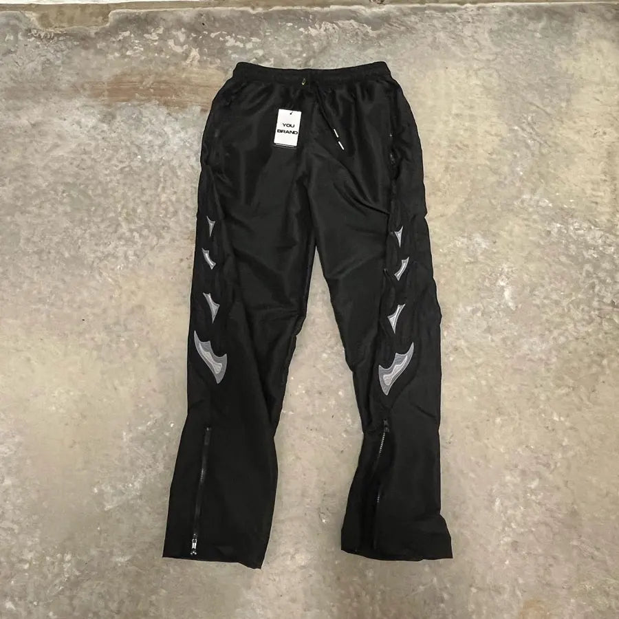 Basic Nylon Track Pants Men Custom Logo Graphic Print Zip Bottom Wide Leg Track Pants
