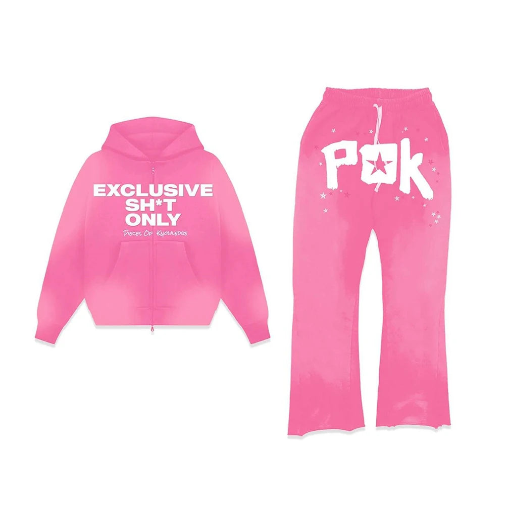 Oem Wholesale Unisex Tracksuit Streetwear Vintage Washed Two Piece Zip Up Sweatshirt Hoodie Flared Sweatpants Set