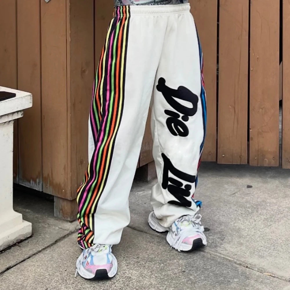 Factory Oem Odm Striped Trimmed Straight Leg Sweatpants Custom Logo Printing Men Wide Leg Track Pants