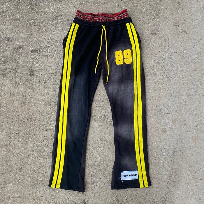 Oem Vintage Washed Stripe Sweat Pants Custom 100% Cotton Sun Faded Men Embroidery Logo Patched Double Waist Flare Sweatpants