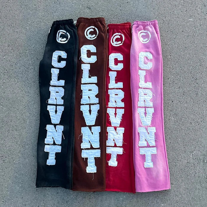 Oem Heavyweight Jogger Pants Men Custom Embroidery Logo Patched Sunfaded Washed Straight Leg Raw Hem Flared Sweatpants