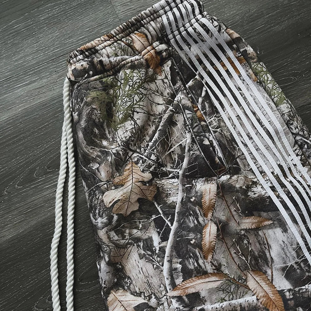 Hot Selling Heavyweight Thick Cotton Wide Leg Track Pants Men Custom Allover Printed Striped Trimmed Camo Sweatpants