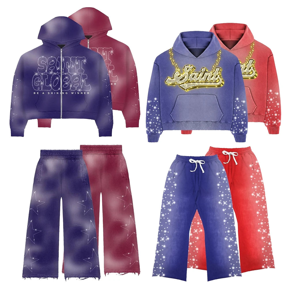 Custom Mens Streetwear Two Piece Sets Hoodie Sweatpants Thick Cotton Vintage Washed Men Rhinestone Tracksuits Sweatsuits