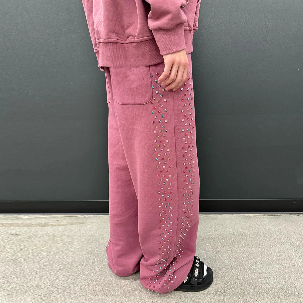 High Quality Custom Heavyweight Cotton Wide Leg Track Pants Oversized Fit Men Wide Leg Rhinestone Baggy Sweatpants