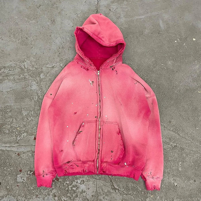 One Stop Custom 500 Gsm Heavy Weight Acid Washed Zip Up Hoodie Men Splash Print Vintage Wash Distressed Sun Faded Hoodie