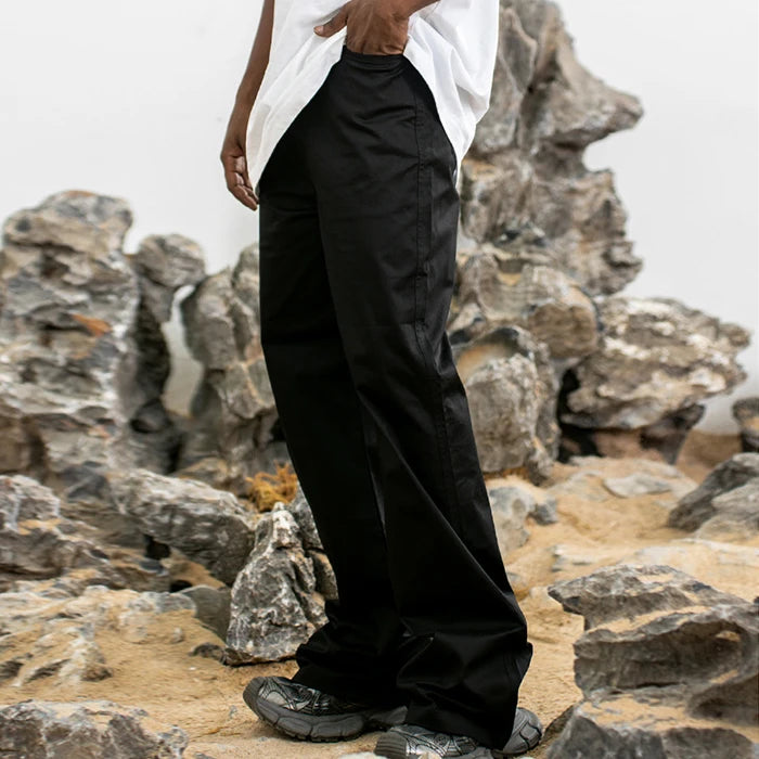 Custom New Style Solid Color Black Nylon Track Pants Men Oversized Fit Relaxed Wide Leg Trousers