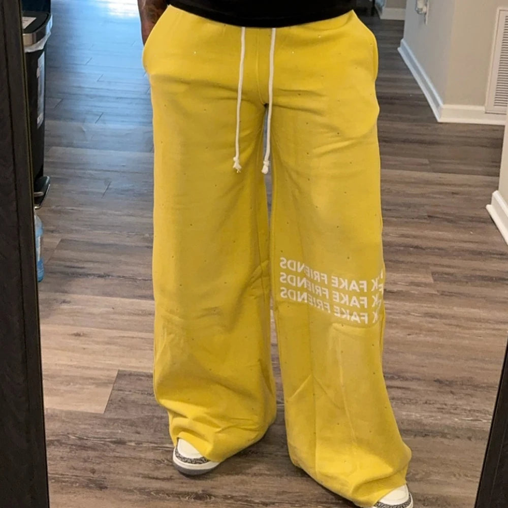 Oem Sunfaded Washed Unisex Oversized Thick Cotton Pants Custom Logo Printed Men Rhinestone Baggy Wide Leg Sweatpants