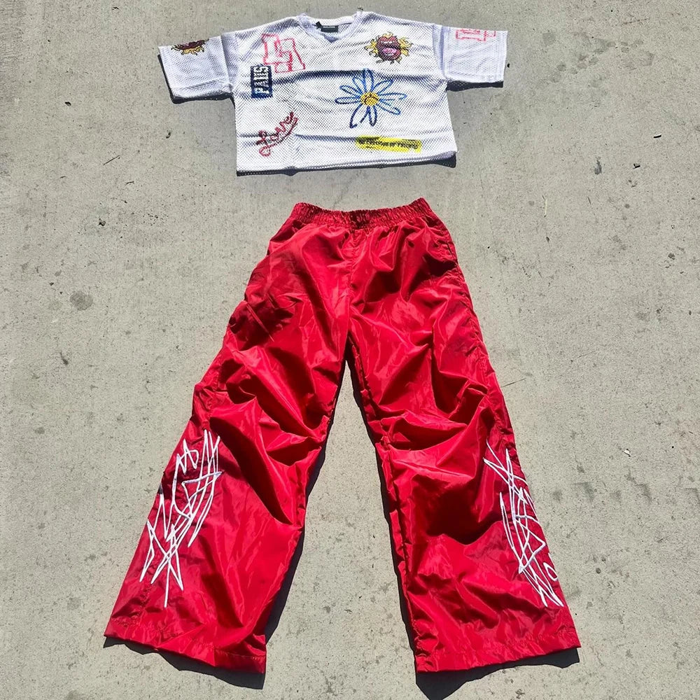 Oem Wholesale Elastic Waist Nylon Track Sweatpants Men Custom Printing Logo Straight Wide Leg Baggy Track Pants