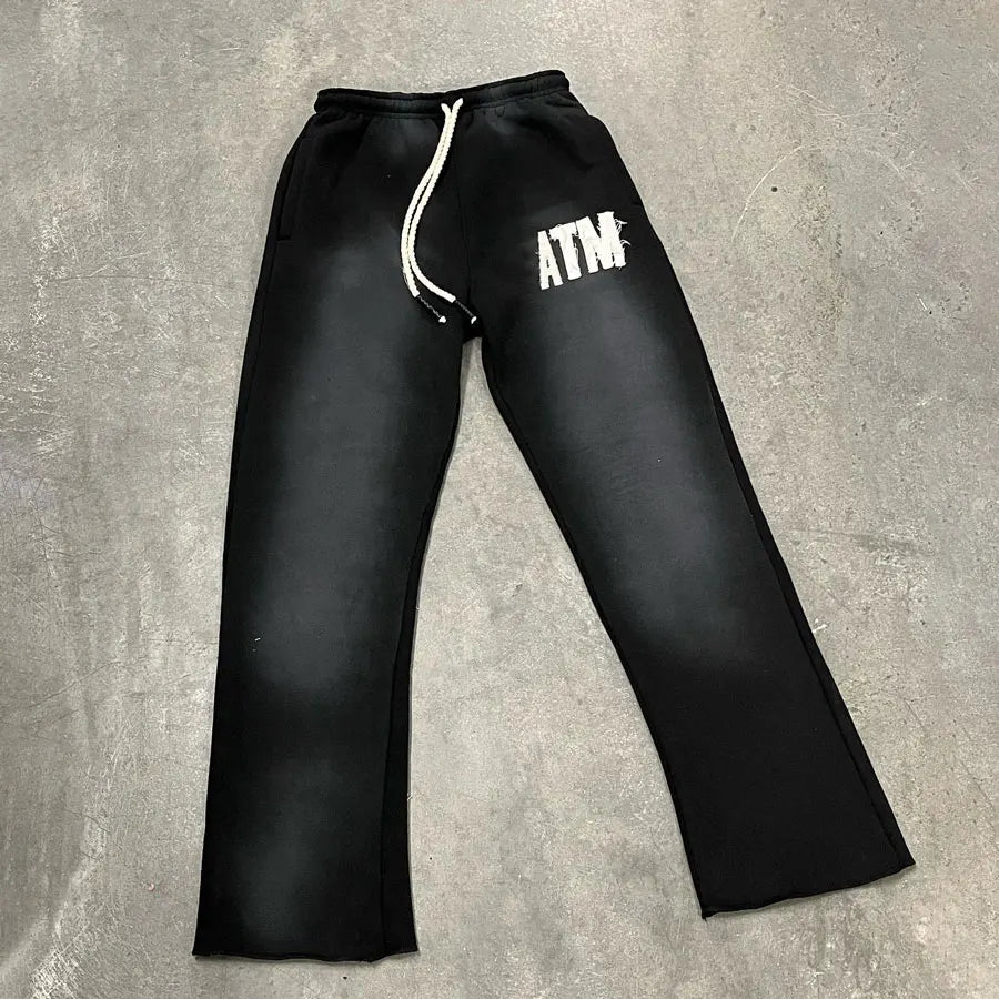 Huilin Neues Design Vintage gewaschene, sonnenverblasste Jogginghose aus schwerer Baumwolle für Herren, individuell bestickte Nähhose mit Logo-Aufnäher