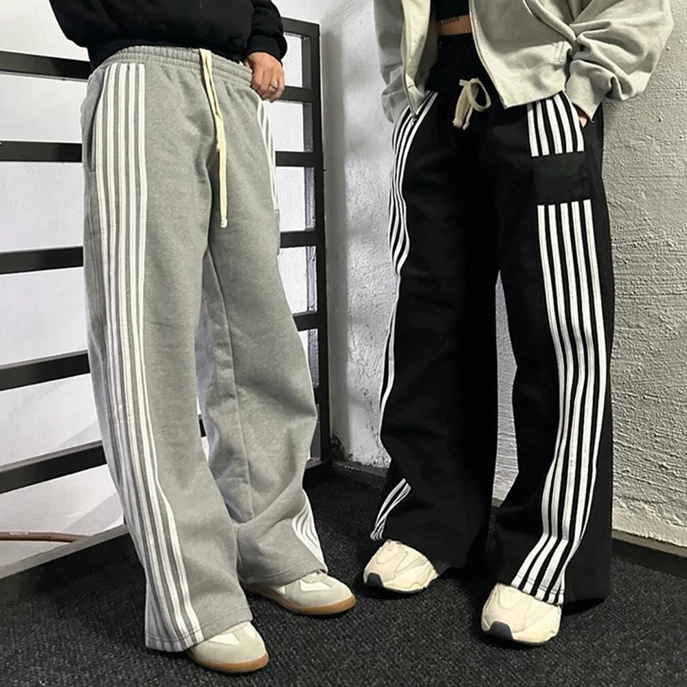 Heavyweight Cotton Unisex Oversized Wide Leg Track Pants Men Baggy Striped Sweatpants