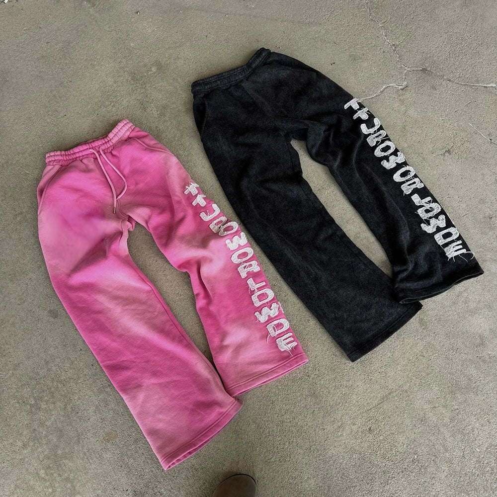 Winter Heavyweight Cotton Vintage Washed Sweatpants Custom Logo Embroidery Patched Men Sunfaded Wide Leg Sweatpants