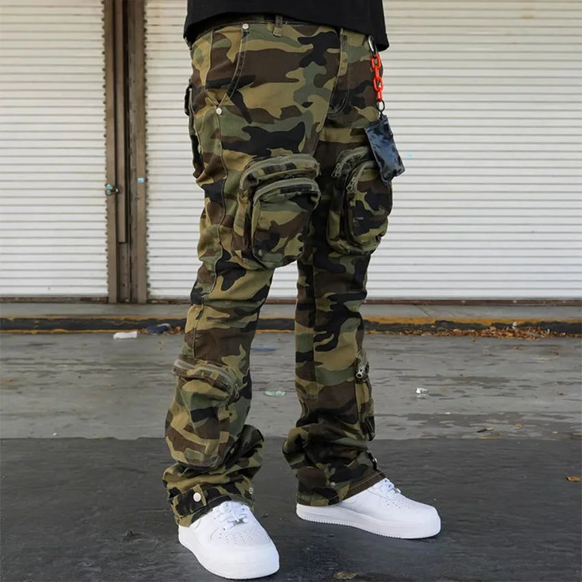 Clothing Manufacturer Jeans Men High Quality Multi- Functional Cargo Jeans Camo Pants Baggy Flare Stack Pockets Jeans