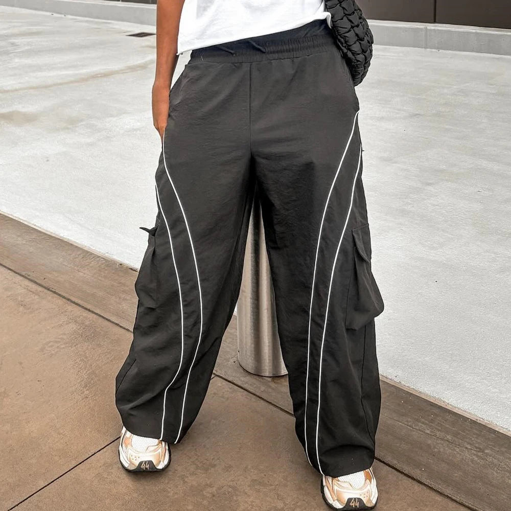 Basic Elastic Waist Nylon Streetwear Pants Men Custom Cargo Pockets Oversized Baggy Wide Leg Track Pants