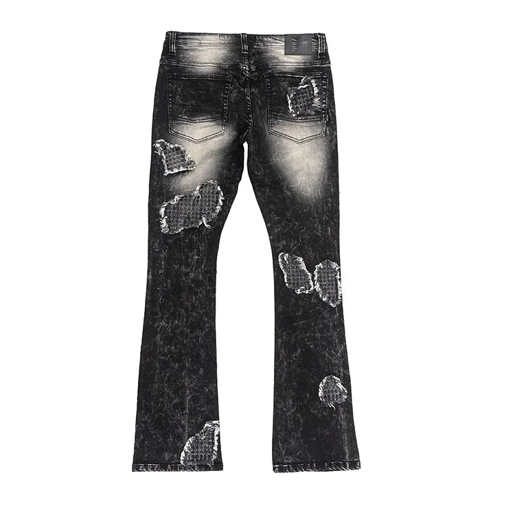 Quality Denim Fabric Pants Streetwear Style Tattered Design Stacked Flare Leg Jeans Custom Embroidered Patches Jeans Men