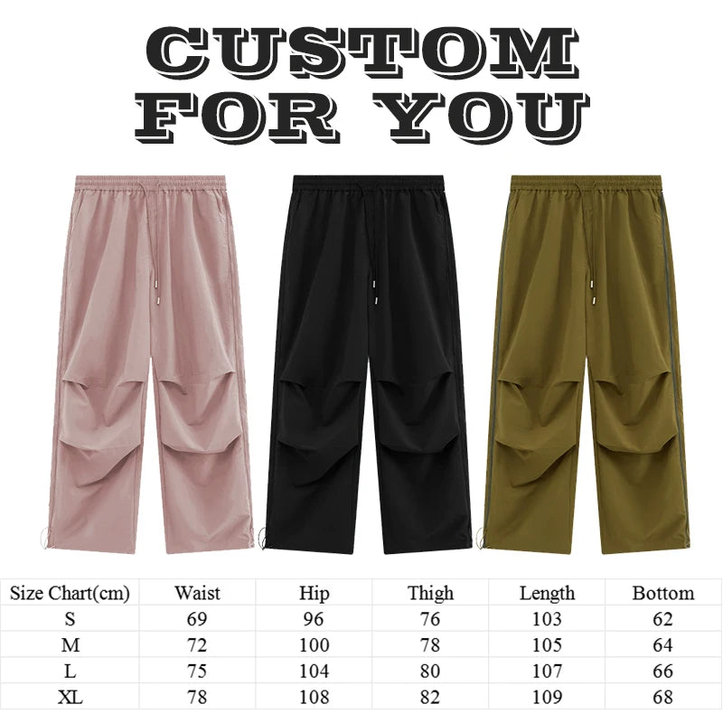 Side Zip Design Oversized Fit Unisex Nylon Track Pants Elastic Waist Men Baggy Wide Leg Parachute Pants