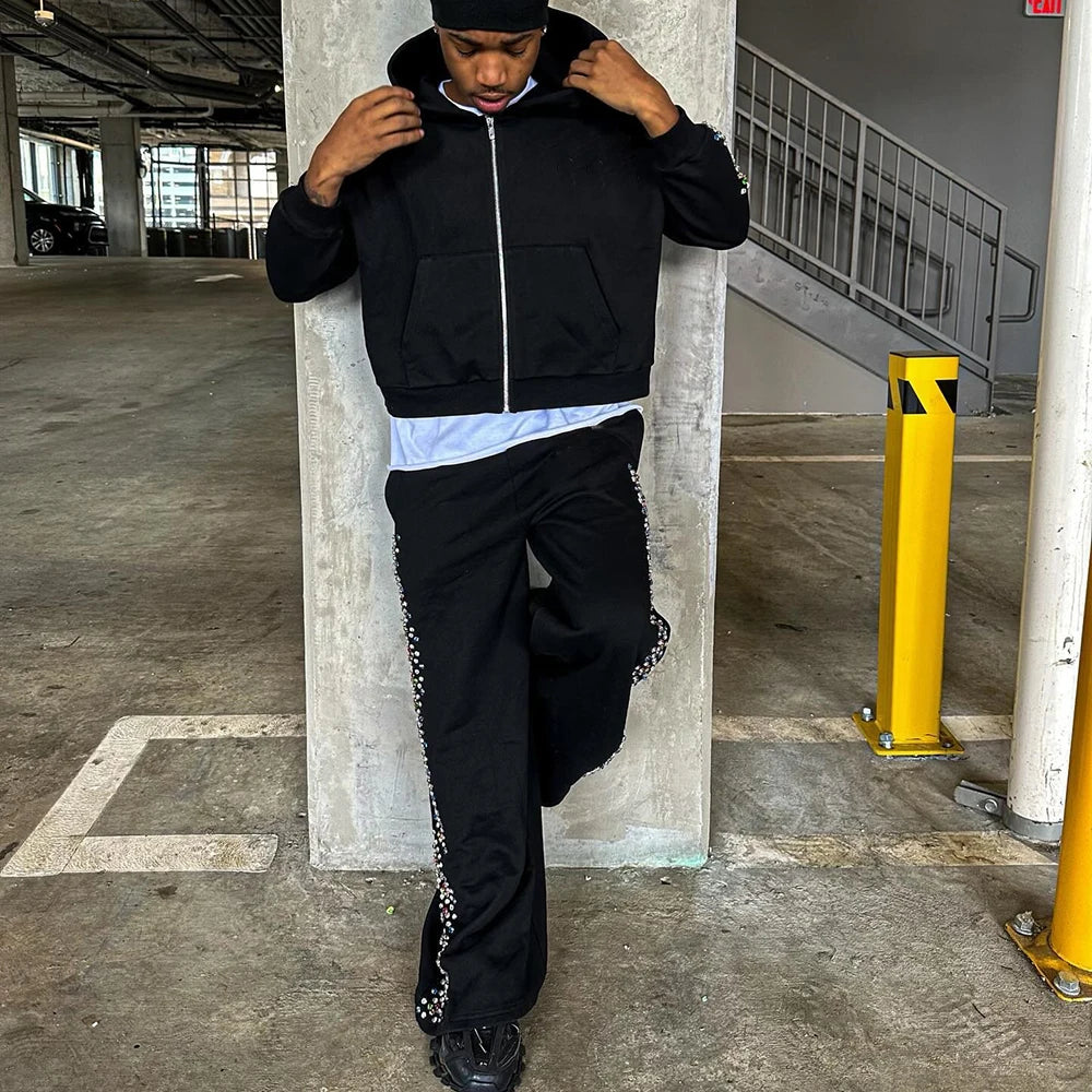 Oversized Wide Leg Sweatpants Hoodies Sets Men Custom Rhinestone Side Two Piece Streetwear Tracksuit