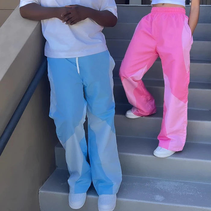 Oem Unisex Oversized Fit Elastic Waist Nylon Pants Trousers Custom Color Block Design Men Straight Wide Leg Track Pants