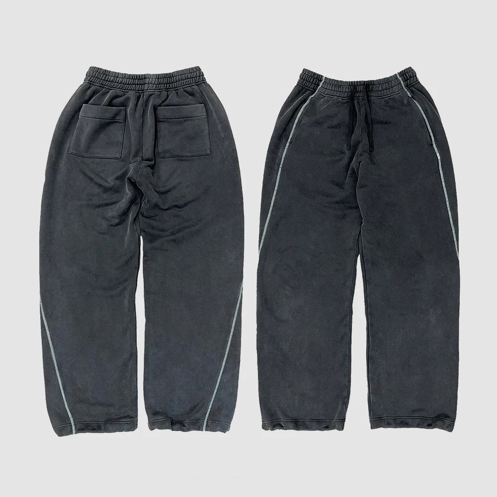 Heavyweight Cotton Jogger Pants Custom Contrast Stitching Men Adjustable Bottom Wide Leg Vintage Washed Sweatpants