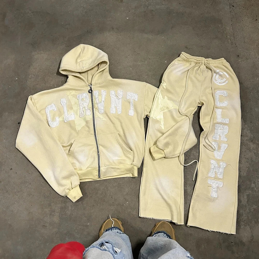 Oem Applique Embroidery Patched Hoodie Sweatpants Tracksuits Sets Men Custom Vintage Washed Two Piece Set Sweatsuits