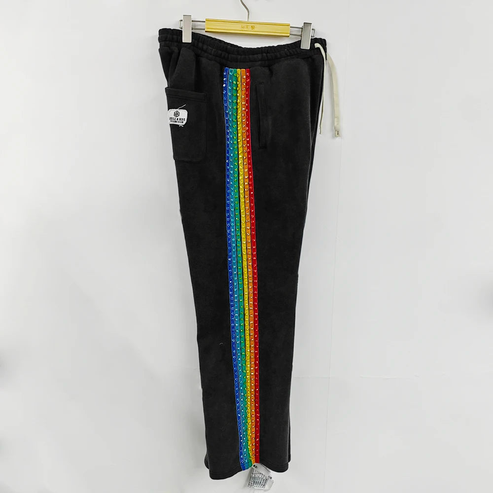 Oem Vintage Washed Thick Cotton Track Jogger Pants Men Custom Logo Embroidery Patched Wide Leg Side Rhinestone Sweatpants