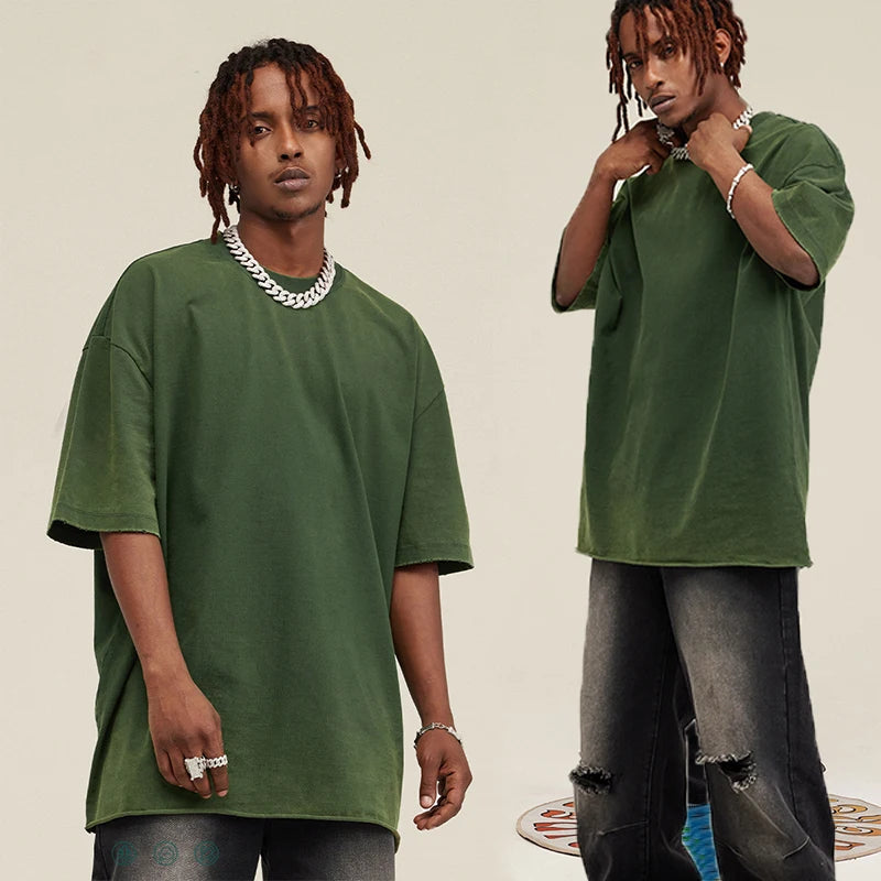 Manufacturer Summer 285G 100% Cotton Acid Washed Gradually Oversized Edge Short Sleeve Vintage T-shirt for Men
