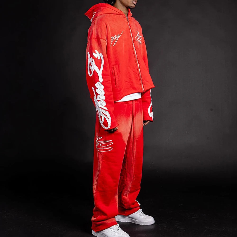 Heavyweight Vintage Washed Streetwear Sweatsuits Custom Logo Embroidery Patched Men Two Piece Hoodie Sweatpants Sets