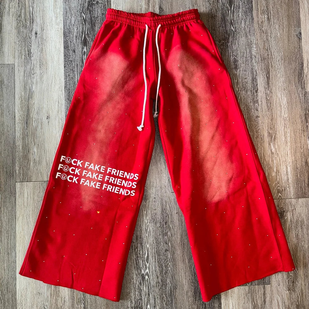 Oversized Loose Fit Vintage Sunfaded Thick Cotton Sweat Pants Custom Printing Men Rhinestone Wide Leg Baggy Sweatpants