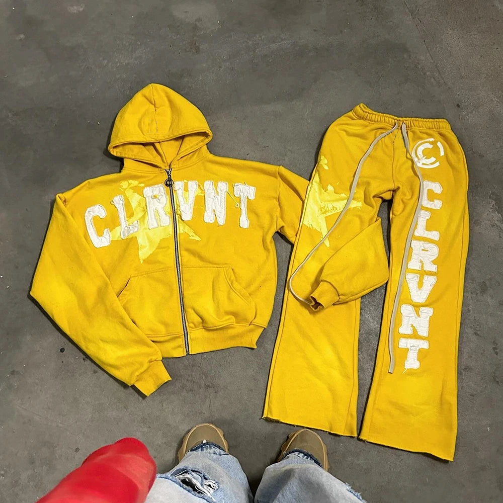 Oem Applique Embroidery Patched Hoodie Sweatpants Tracksuits Sets Men Custom Vintage Washed Two Piece Set Sweatsuits